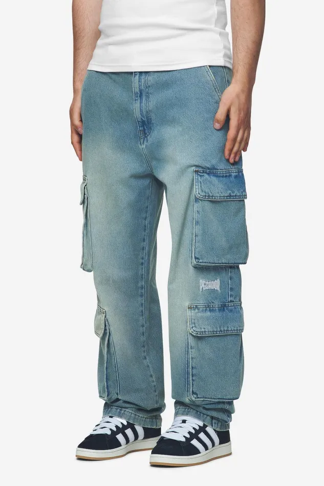 Men Pegador Jeans Romain Wide Denim Cargo Pants Washed Vintage Blue Men Pegador Jeans Romain Wide Denim Cargo Pants Washed Vintage Blue