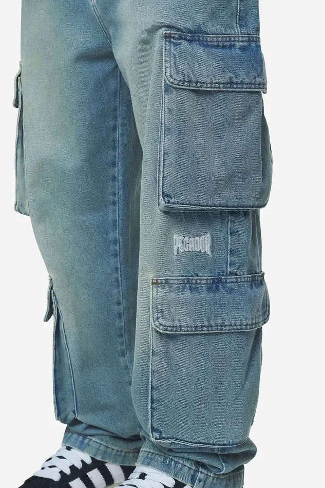 Men Pegador Jeans Romain Wide Denim Cargo Pants Washed Vintage Blue Men Pegador Jeans Romain Wide Denim Cargo Pants Washed Vintage Blue