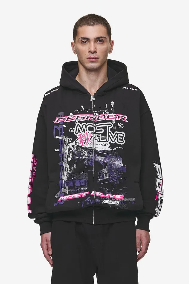 Men Pegador Zip Hoodies Saxon Oversized Sweat Jacket Washed Black