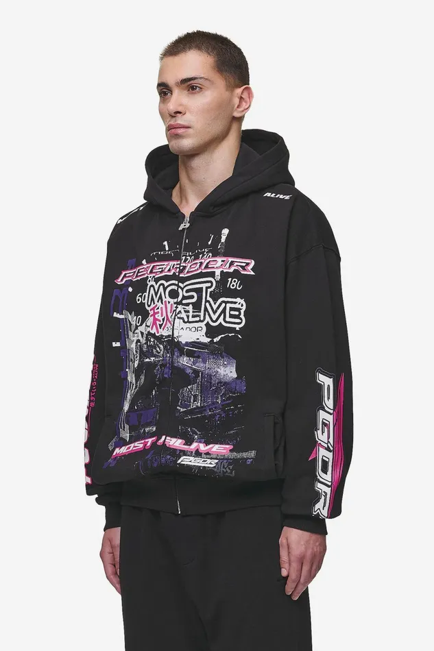 Men Pegador Zip Hoodies Saxon Oversized Sweat Jacket Washed Black Men Pegador Zip Hoodies Saxon Oversized Sweat Jacket Washed Black