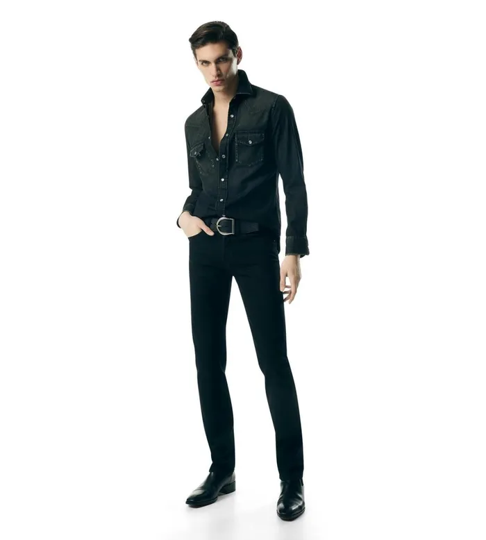 Men Shirts Tom Ford Washed Denim Western Shirt Washed Black Men Shirts Tom Ford Washed Denim Western Shirt Washed Black