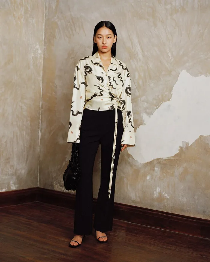Merano Slip Satin Wrap Shirt CremeAquarelle Dragon Print Women Nanushka Shirts and Blouses
