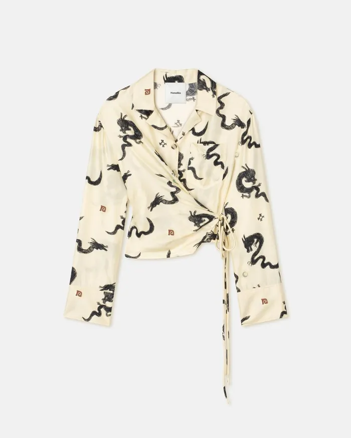 Merano Slip Satin Wrap Shirt CremeAquarelle Dragon Print Women Nanushka Shirts and Blouses