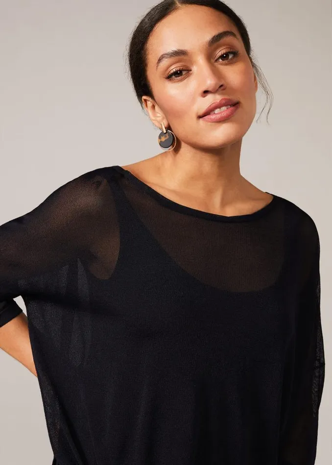 Nat Side Tie Sheer Knit Top Navy Women Phase Eight Knitwear