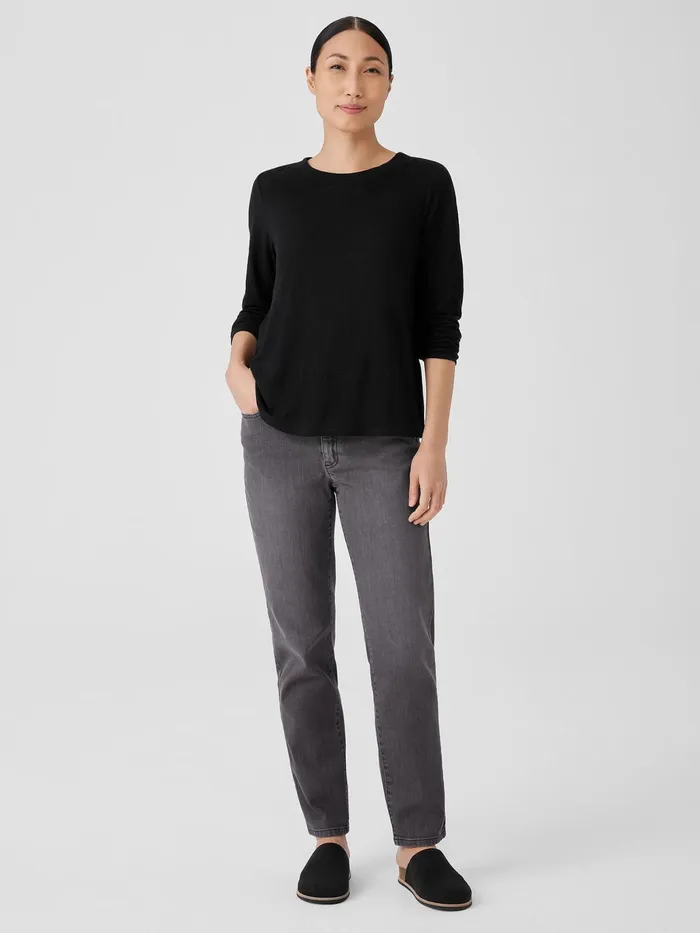 Organic Linen Jersey Crew Neck Top Black Women Eileen Fisher Tops and Tees