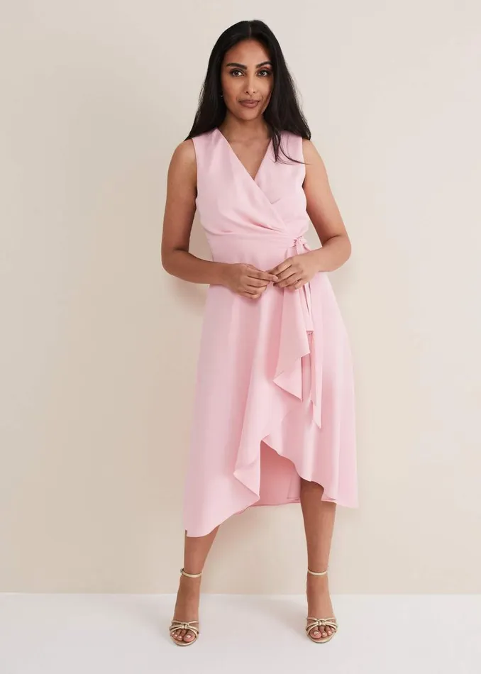 Petite Julissa Sleeveless Ruffle Wrap Midi Dress Soft Pink Women Phase Eight Dresses