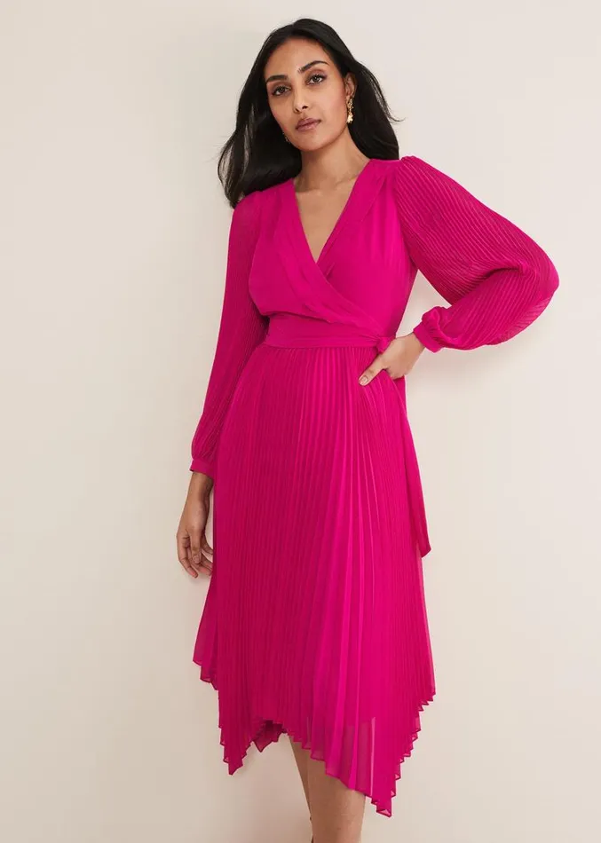 Petite Petra Wrap Pleated Midi Dress Magenta Women Phase Eight Dresses