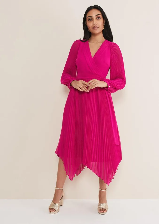 Petite Petra Wrap Pleated Midi Dress Magenta Women Phase Eight Dresses