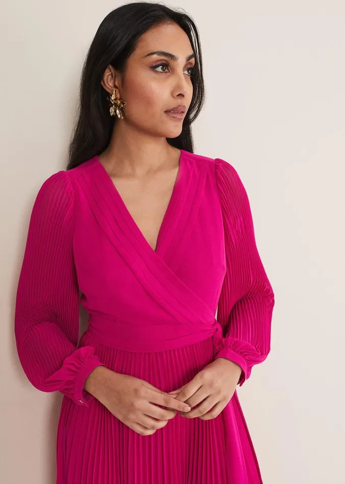Petite Petra Wrap Pleated Midi Dress Magenta Women Phase Eight Dresses