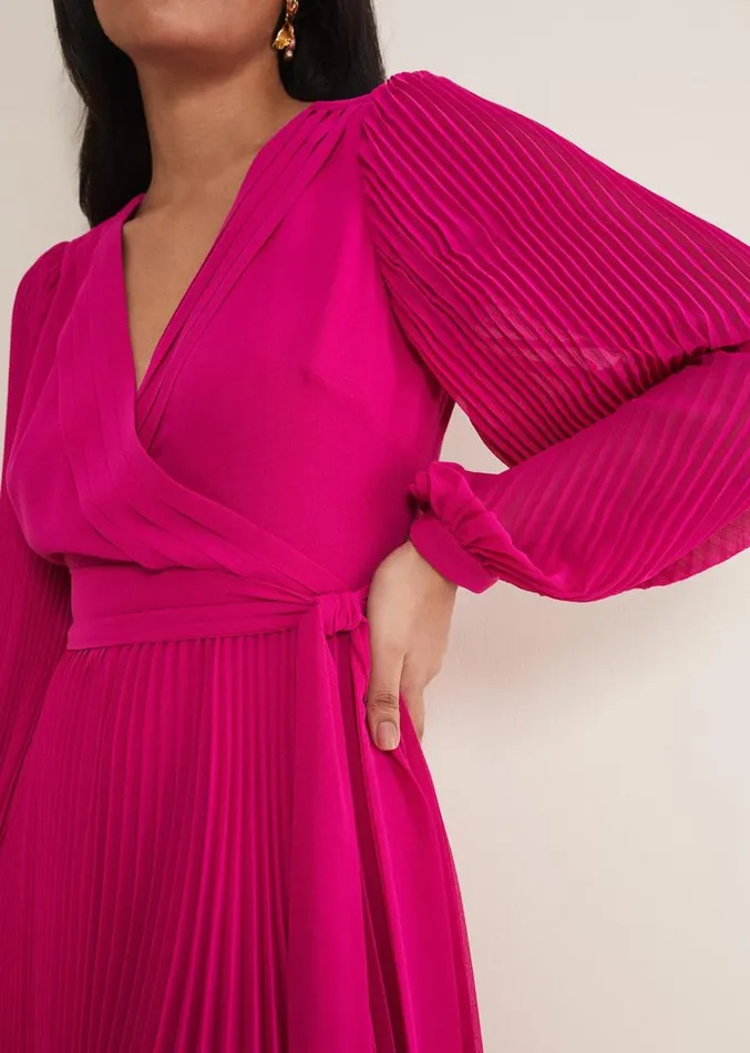 Petite Petra Wrap Pleated Midi Dress Magenta Women Phase Eight Dresses