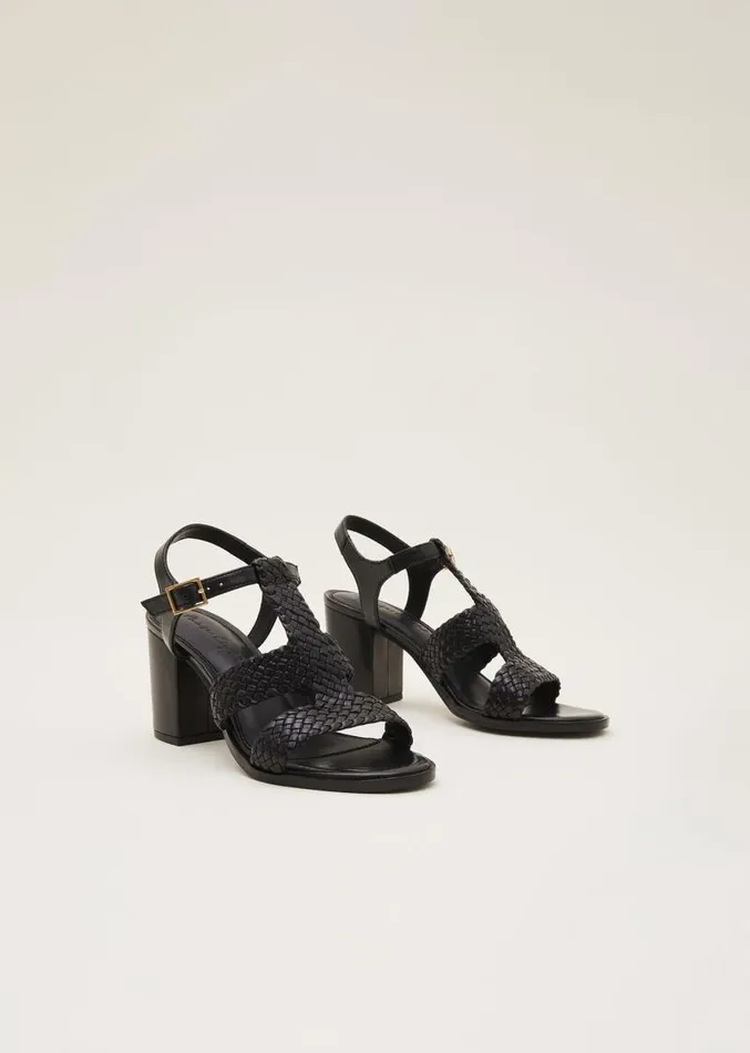 Plaited T Bar Heeled Sandal Shoe Black Women Phase Eight Heels