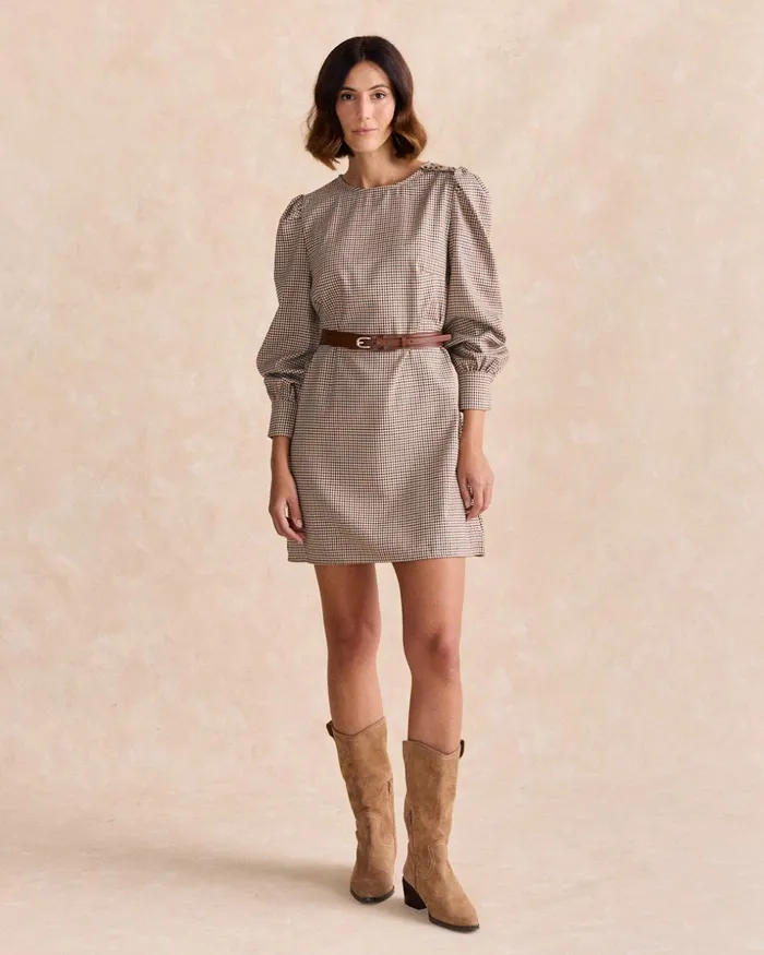 Polin Et Moi Coral Check Print Dress Camel Women Dresses And Jumpsuits