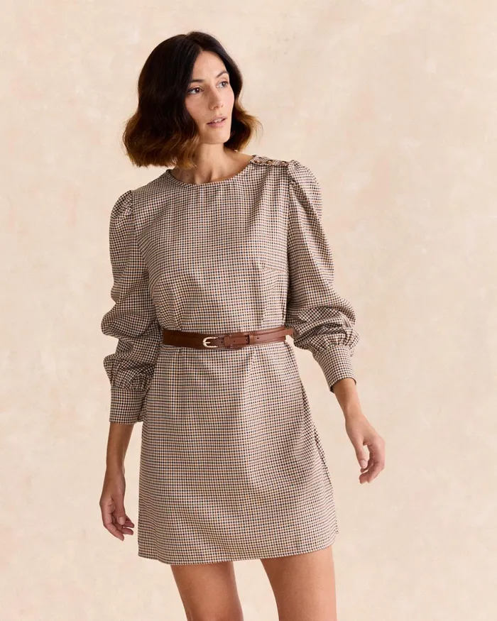 Polin Et Moi Coral Check Print Dress Camel Women Dresses And Jumpsuits Polin Et Moi Coral Check Print Dress Camel Women Dresses And Jumpsuits
