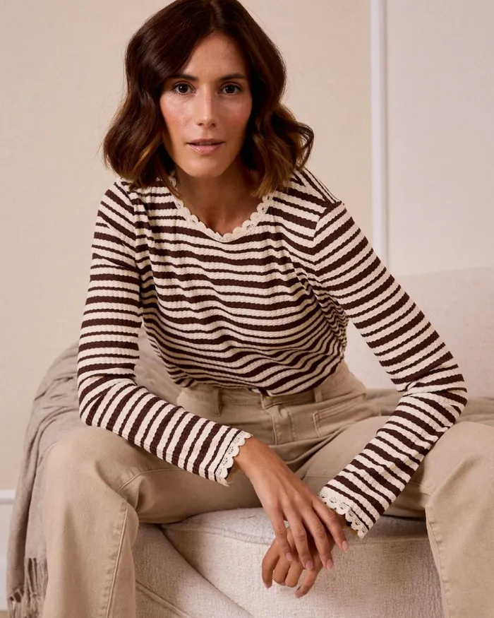 Polin Et Moi Navy Striped Top Brown Women TShirts And Tops