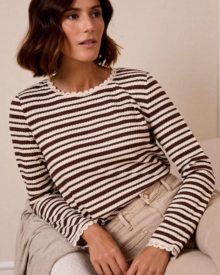 Polin Et Moi Navy Striped Top Brown Women TShirts And Tops Polin Et Moi Navy Striped Top Brown Women TShirts And Tops
