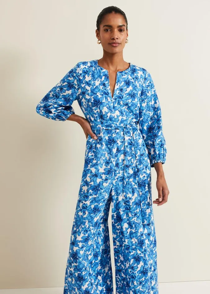 Rosey Floral Zip Jumpsuit Blue Women Phase Eight Dresses