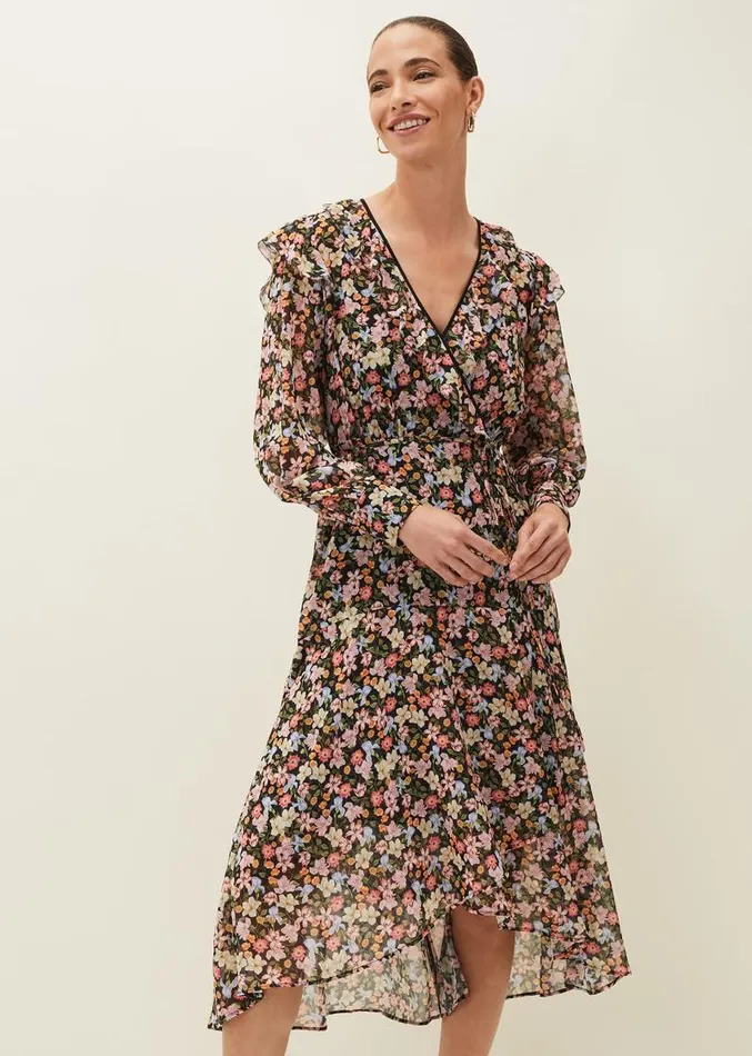 Sadie Floral Chiffon VNeck Midi Dress Blackmulti Women Phase Eight Dresses