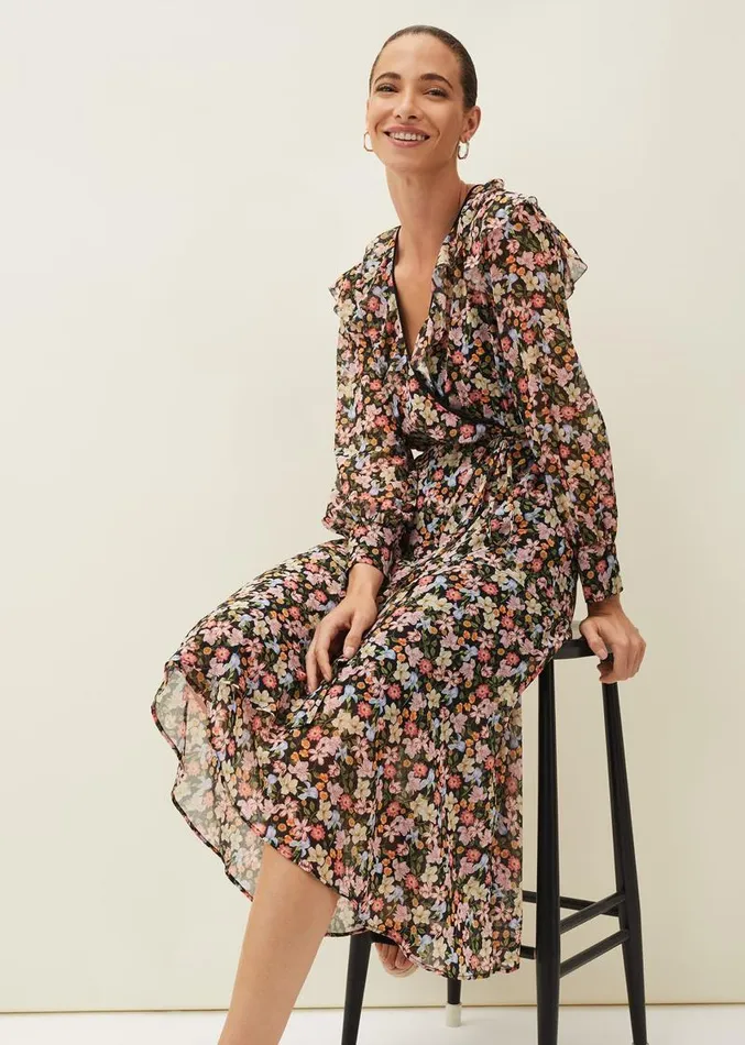Sadie Floral Chiffon VNeck Midi Dress Blackmulti Women Phase Eight Dresses