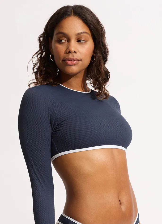 Seafolly Beach Bound Cropped Long Sleeve Rashie 8211 True Navy Women Rash Vests Seafolly Beach Bound Cropped Long Sleeve Rashie 8211 True Navy Women Rash Vests