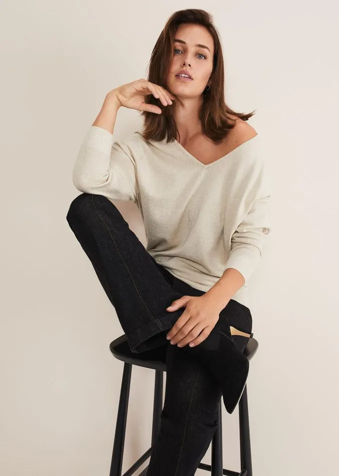 Senita V Neck Lurex Jumper Gold Women Phase Eight Knitwear