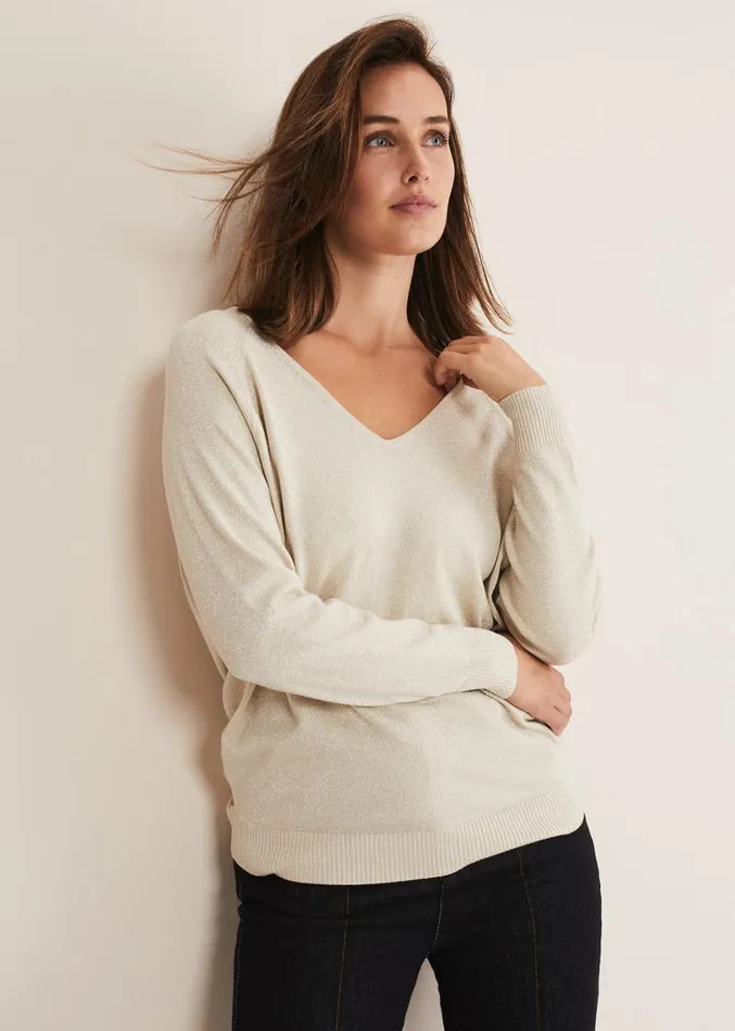 Senita V Neck Lurex Jumper Gold Women Phase Eight Knitwear