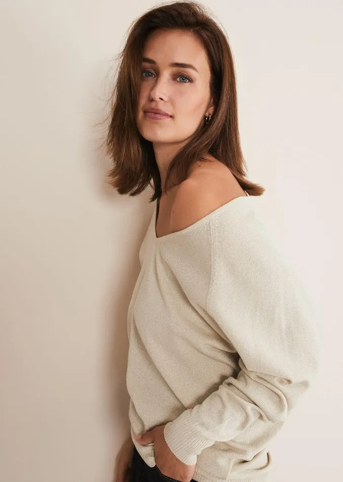 Senita V Neck Lurex Jumper Gold Women Phase Eight Knitwear