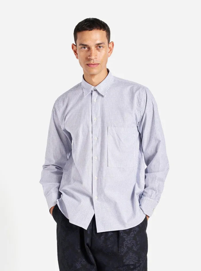 Shirts Men Universal Works Universal Works Square Pocket Shirt In Navy Security Stripe Cotton Shirts Men Universal Works Universal Works Square Pocket Shirt In Navy Security Stripe Cotton