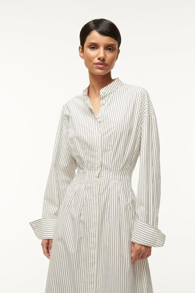 STAUD Dresses Women STAUD MIDI LORENZA DRESS IVORY MICRO STRIPE STAUD Dresses Women STAUD MIDI LORENZA DRESS IVORY MICRO STRIPE