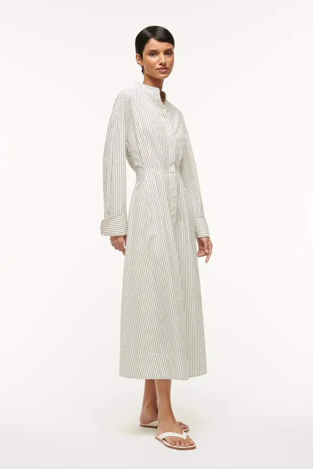 STAUD Dresses Women STAUD MIDI LORENZA DRESS IVORY MICRO STRIPE STAUD Dresses Women STAUD MIDI LORENZA DRESS IVORY MICRO STRIPE