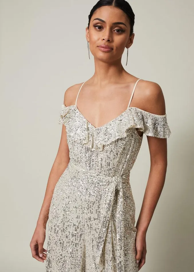 Tazanna Sequin Wide Leg Jumpsuit Silver Women Phase Eight Dresses