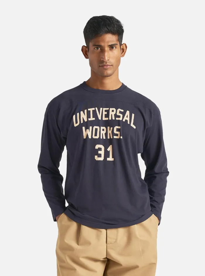 Tees Men Universal Works Universal Works Football T Shirt In Navy Single Jersey Uw31