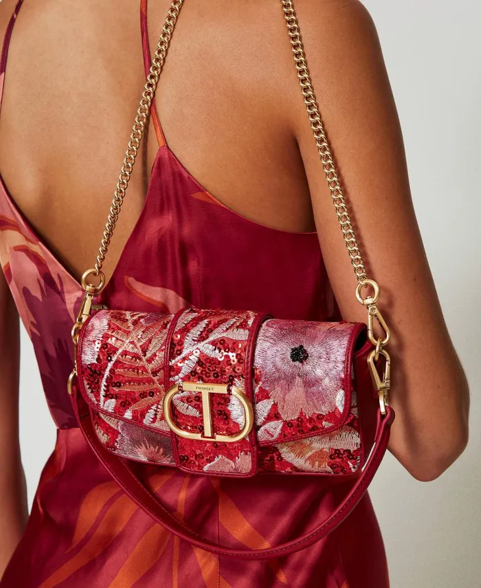 Twinset Amie039 Small Shoulder Bag With Embroidery Red Red Plum Macro Flowers Women Handbags Twinset Amie039 Small Shoulder Bag With Embroidery Red Red Plum Macro Flowers Women Handbags