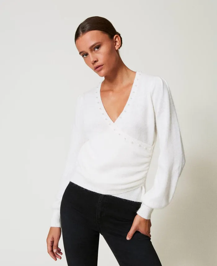 Twinset Angora Blend Jumper With Pearls White Snow Women Jumpers And Cardigans Twinset Angora Blend Jumper With Pearls White Snow Women Jumpers And Cardigans