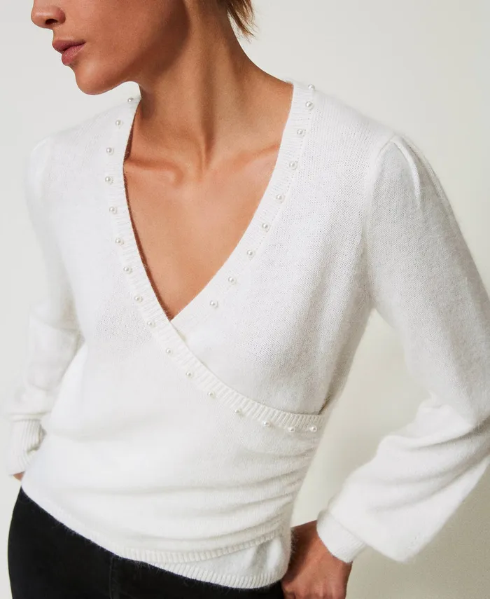 Twinset Angora Blend Jumper With Pearls White Snow Women Jumpers And Cardigans Twinset Angora Blend Jumper With Pearls White Snow Women Jumpers And Cardigans