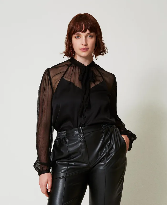 Twinset Chiffon And Satin Shirt Black Women Blouses And Shirts