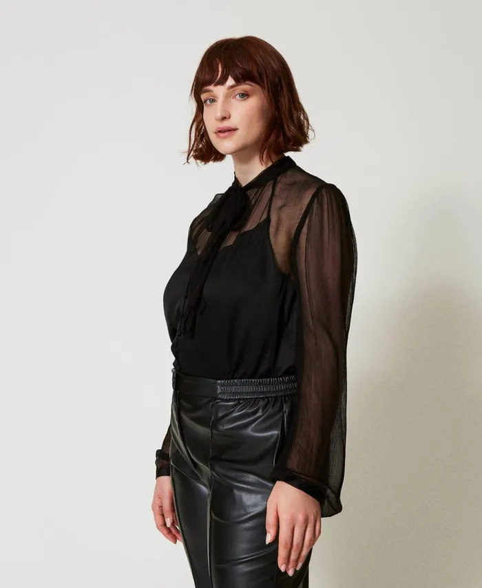 Twinset Chiffon And Satin Shirt Black Women Blouses And Shirts Twinset Chiffon And Satin Shirt Black Women Blouses And Shirts