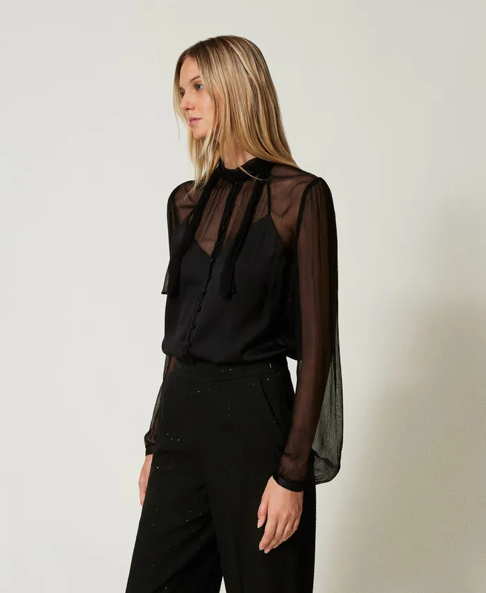 Twinset Chiffon And Satin Shirt Black Women Blouses And Shirts Twinset Chiffon And Satin Shirt Black Women Blouses And Shirts