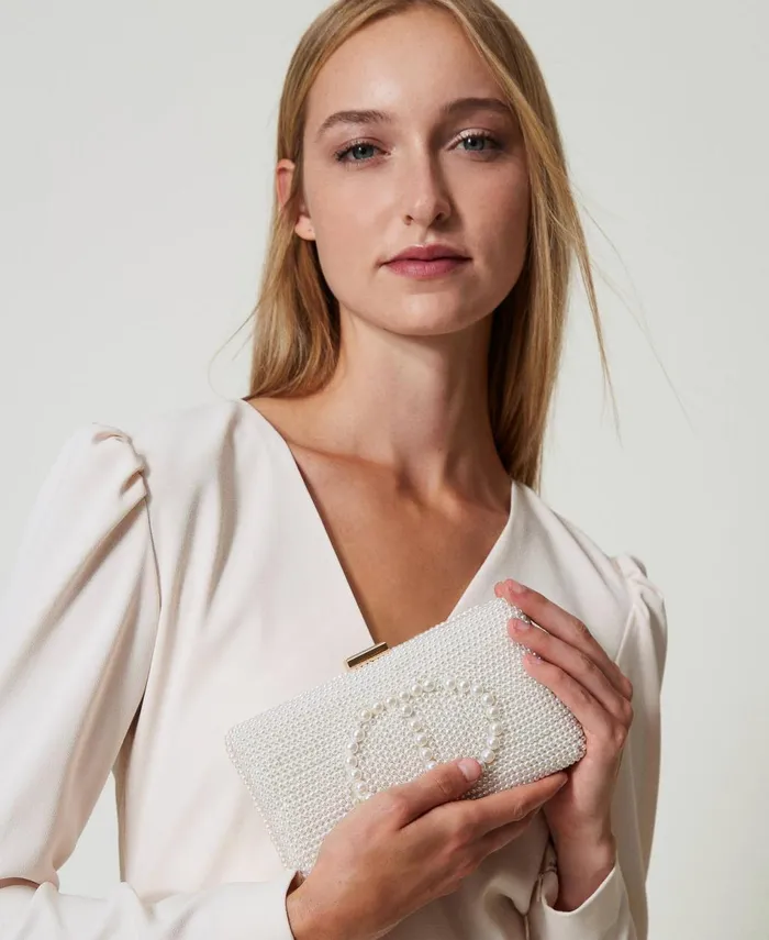 Twinset Clutch With Pearls And Oval T Old White Women Handbags Twinset Clutch With Pearls And Oval T Old White Women Handbags
