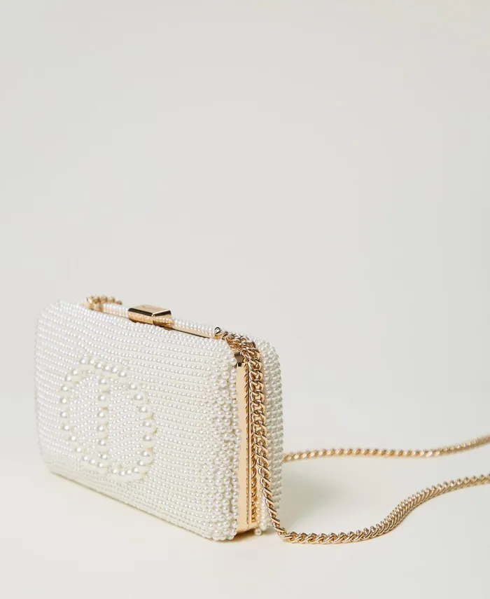 Twinset Clutch With Pearls And Oval T Old White Women Handbags Twinset Clutch With Pearls And Oval T Old White Women Handbags