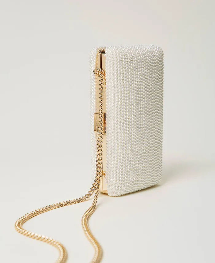 Twinset Clutch With Pearls And Oval T Old White Women Handbags Twinset Clutch With Pearls And Oval T Old White Women Handbags