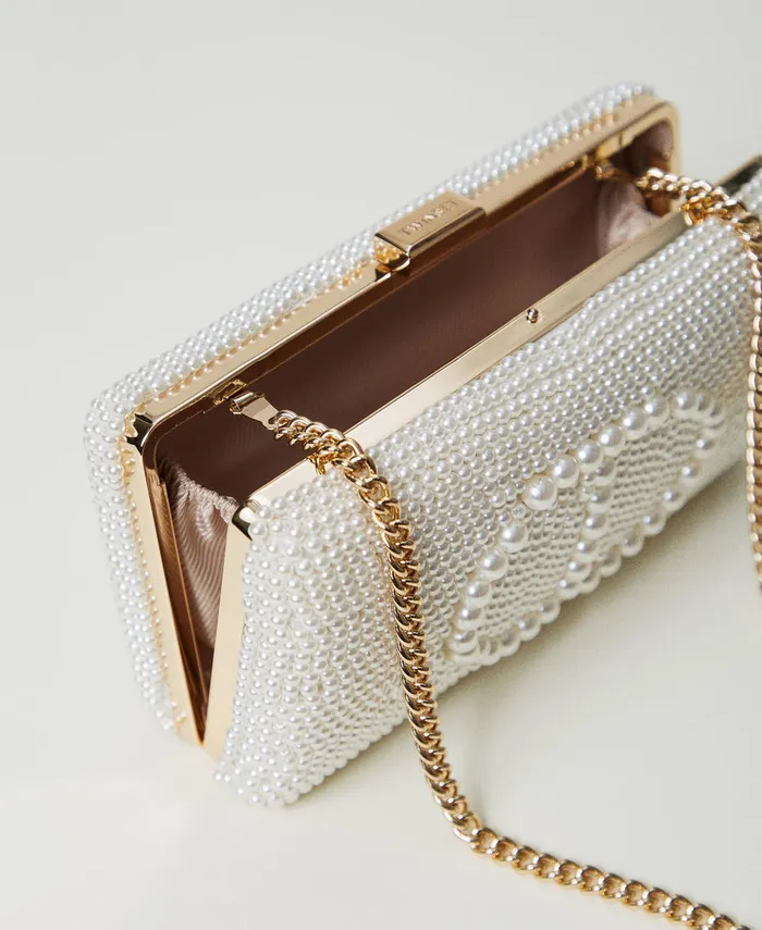 Twinset Clutch With Pearls And Oval T Old White Women Handbags Twinset Clutch With Pearls And Oval T Old White Women Handbags