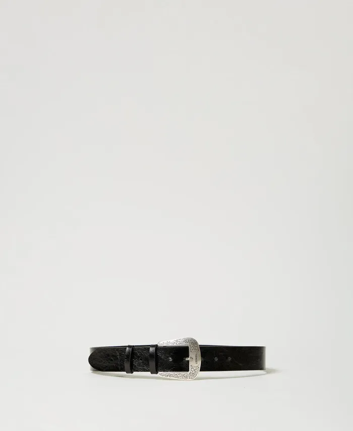 Twinset Cracked Leather Belt With TexasStyle Buckle Black Women Belts