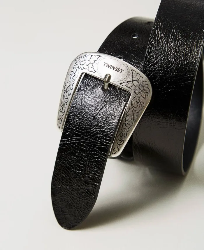 Twinset Cracked Leather Belt With TexasStyle Buckle Black Women Belts Twinset Cracked Leather Belt With TexasStyle Buckle Black Women Belts