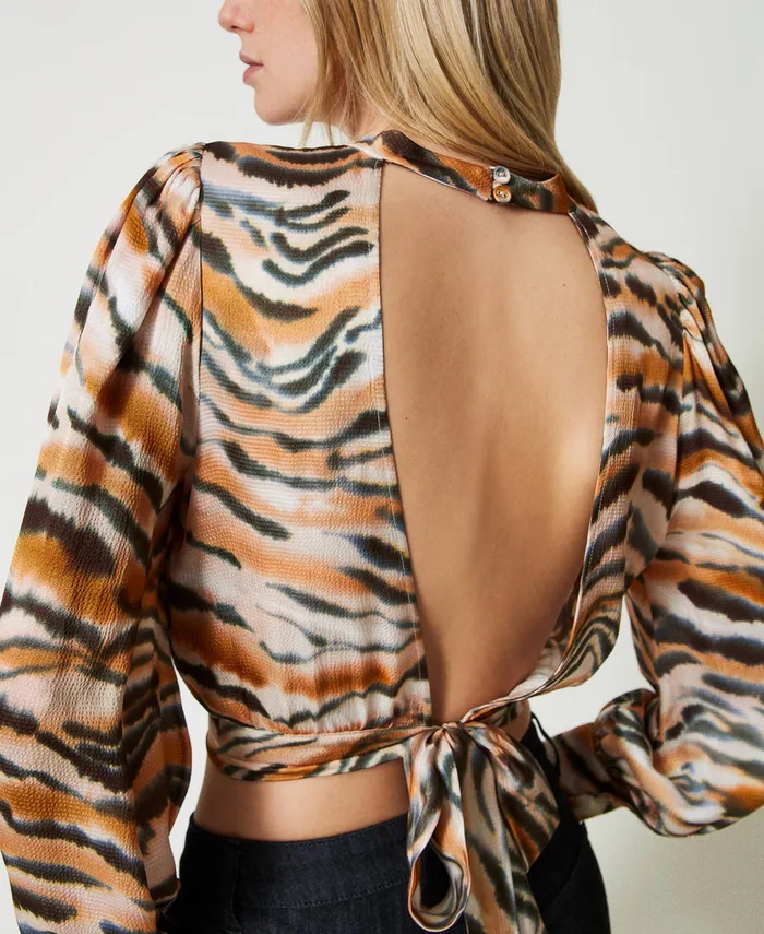 Twinset Cropped Animal Print Satin Blouse Tenn Orange Black Tiger Print Women Blouses And Shirts