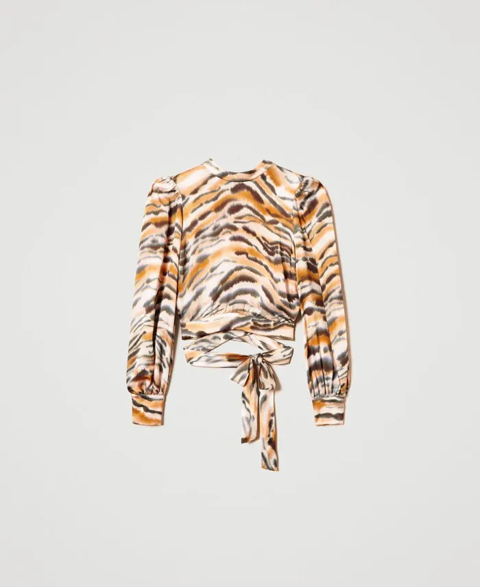 Twinset Cropped Animal Print Satin Blouse Tenn Orange Black Tiger Print Women Blouses And Shirts Twinset Cropped Animal Print Satin Blouse Tenn Orange Black Tiger Print Women Blouses And Shirts