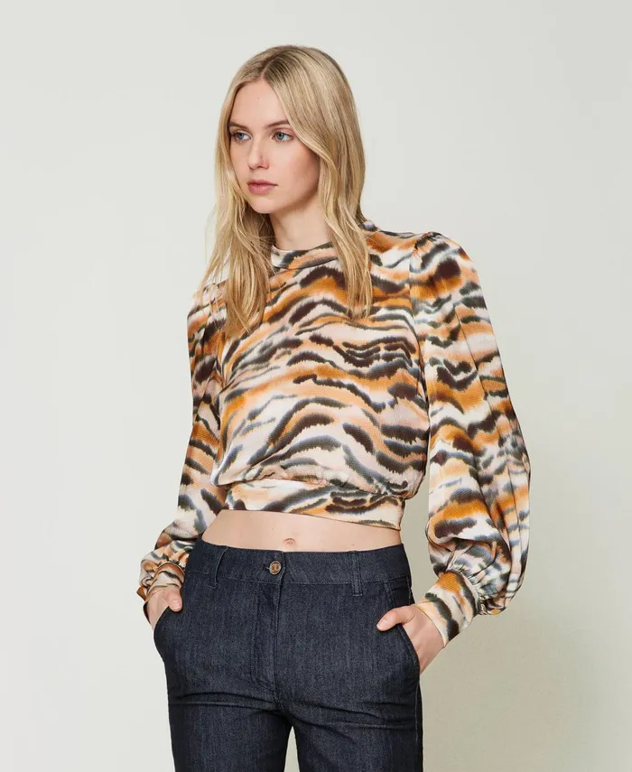 Twinset Cropped Animal Print Satin Blouse Tenn Orange Black Tiger Print Women Blouses And Shirts Twinset Cropped Animal Print Satin Blouse Tenn Orange Black Tiger Print Women Blouses And Shirts