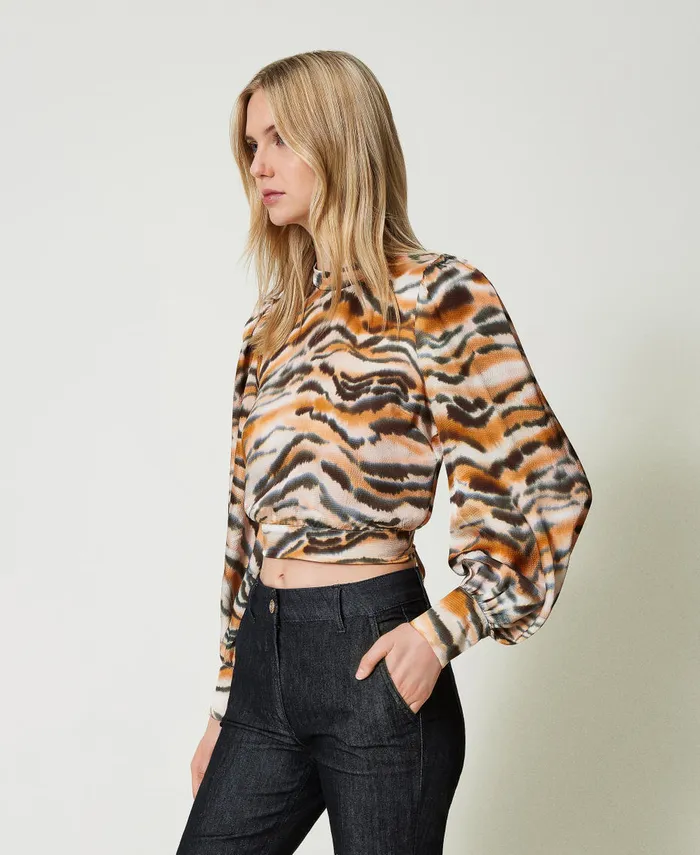 Twinset Cropped Animal Print Satin Blouse Tenn Orange Black Tiger Print Women Blouses And Shirts Twinset Cropped Animal Print Satin Blouse Tenn Orange Black Tiger Print Women Blouses And Shirts