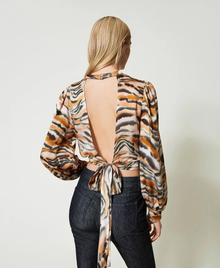 Twinset Cropped Animal Print Satin Blouse Tenn Orange Black Tiger Print Women Blouses And Shirts Twinset Cropped Animal Print Satin Blouse Tenn Orange Black Tiger Print Women Blouses And Shirts