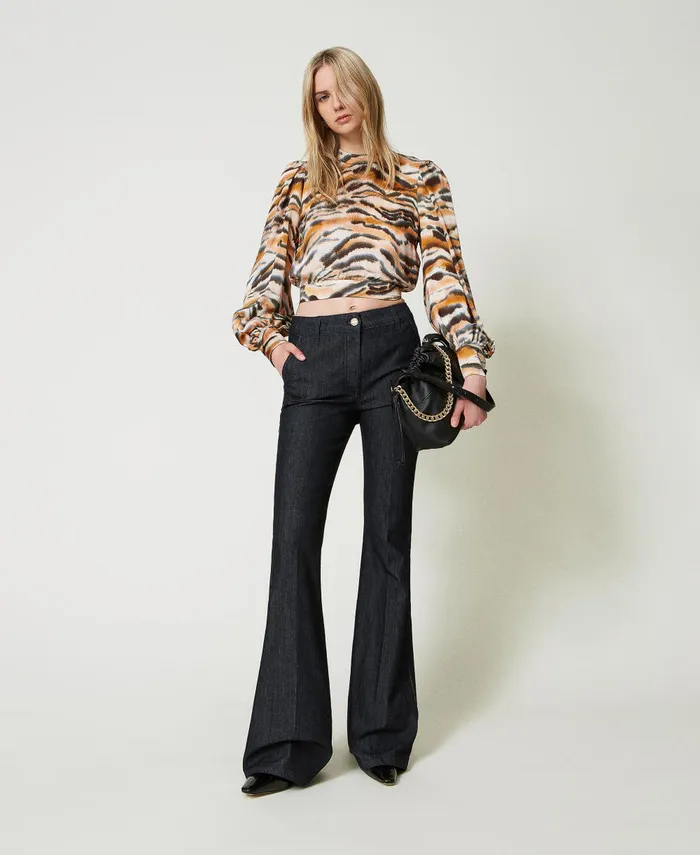 Twinset Cropped Animal Print Satin Blouse Tenn Orange Black Tiger Print Women Blouses And Shirts Twinset Cropped Animal Print Satin Blouse Tenn Orange Black Tiger Print Women Blouses And Shirts
