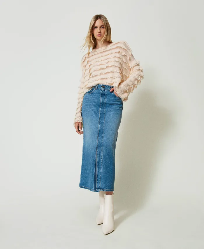 Twinset Denim Midi Skirt With Slit Denim Women Suits And Sets